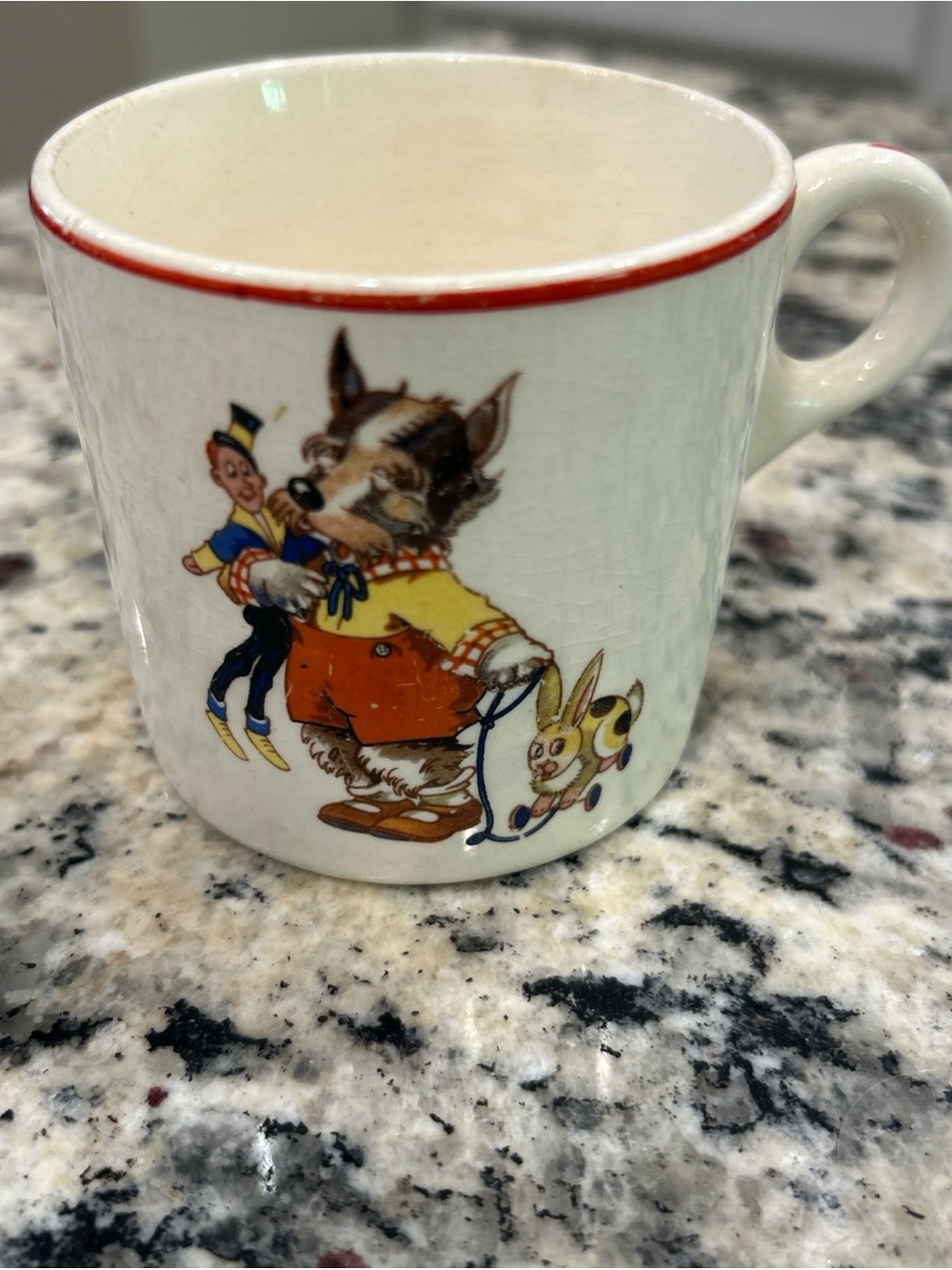 Vintage Kids Ceramic Mug with Red Trim and Storybook Character Art